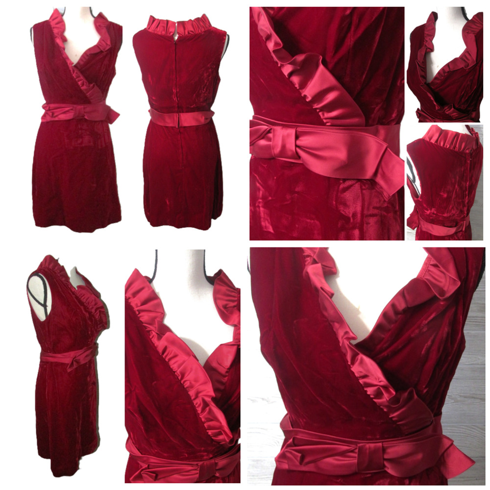 Vtg 60s Red Crush Velvet Sleeveless Dress Small M Ruffles Valentines Sheath Midi